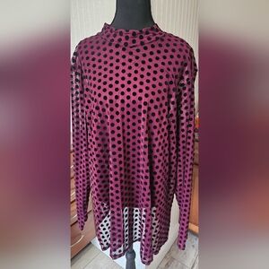 Lane Bryant Magenta / Maroon and Black Polka Dot Mesh Mock Top 26/28